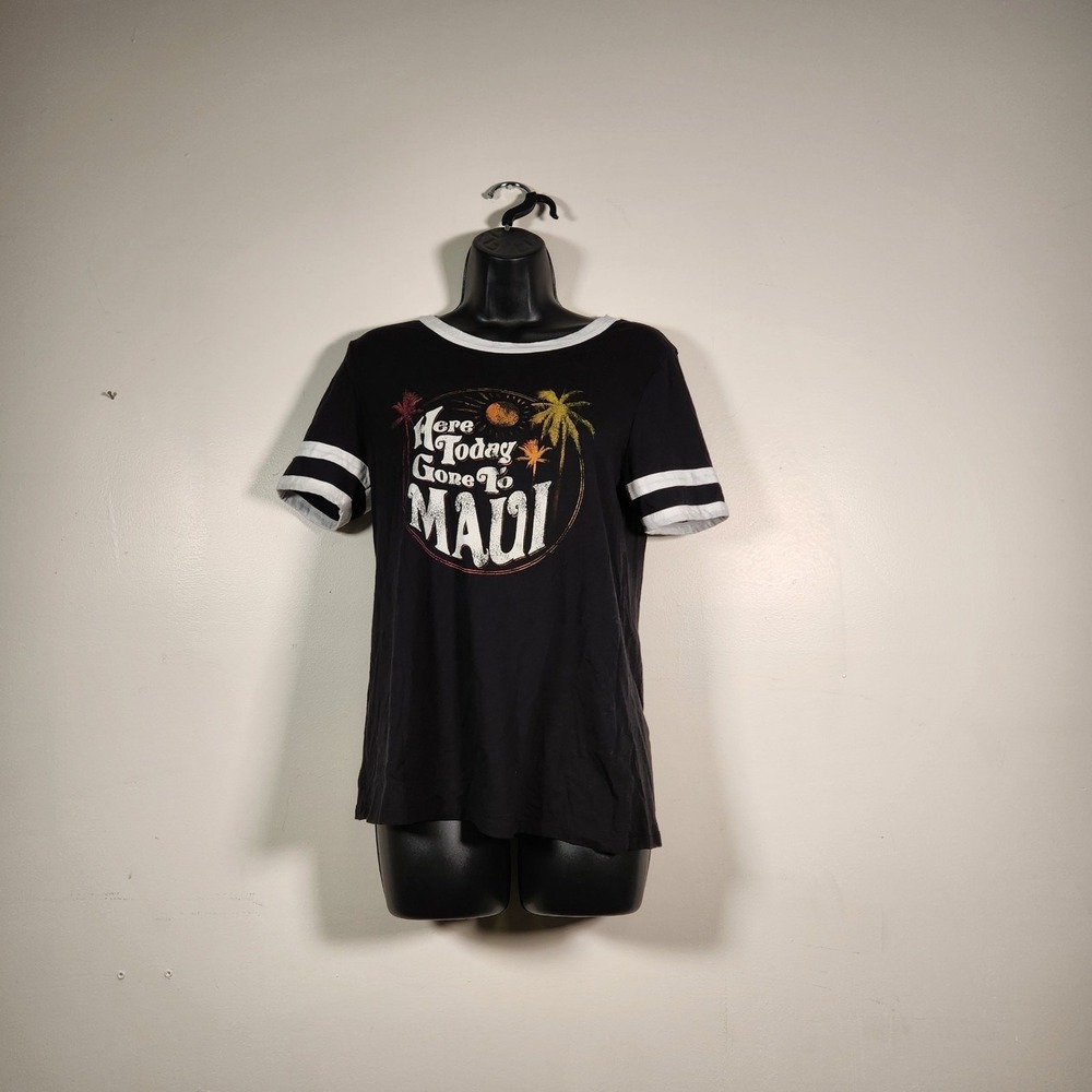 ARIZONA JEAN SS T Shirt Womens L Black Multi Screenprint HERE TODAY GONE TO MAUI